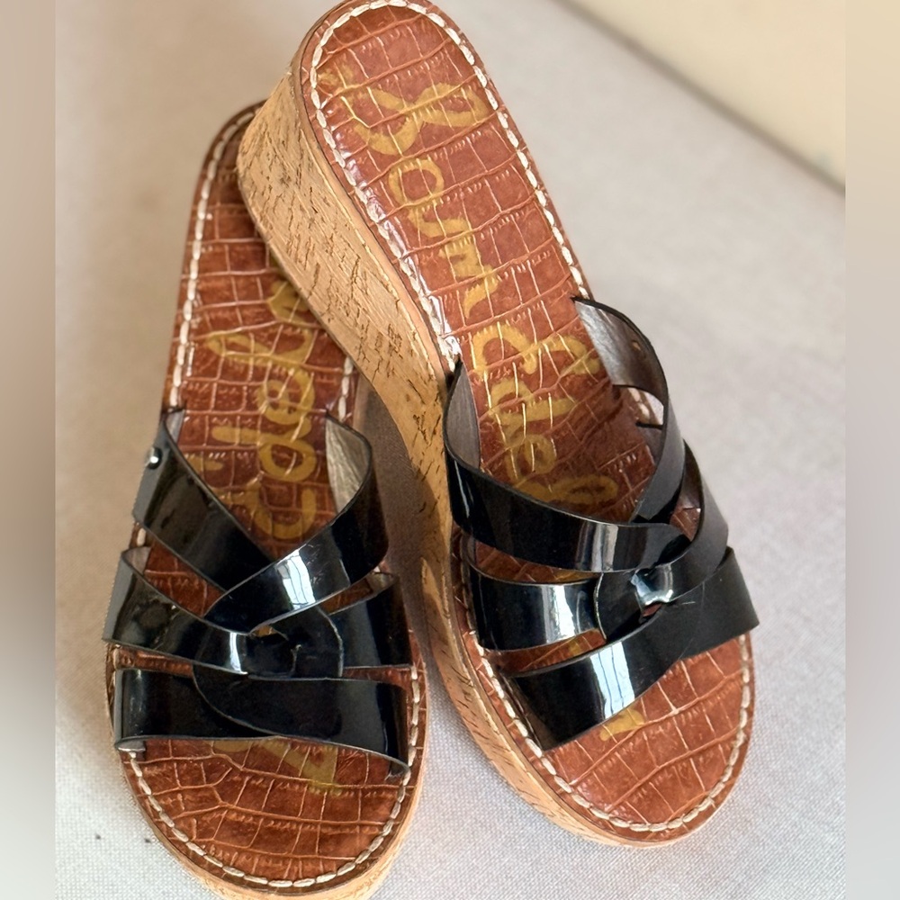 Black Patent Leather wedge Slide Sandals by Sam Edelman size 7.5